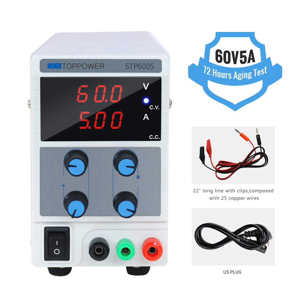 DC Power Supply Variable 60V 5A Switching Regulated 3-Digital Power Supply Single-Output 110V, with Alligator Leads, US Power Cord