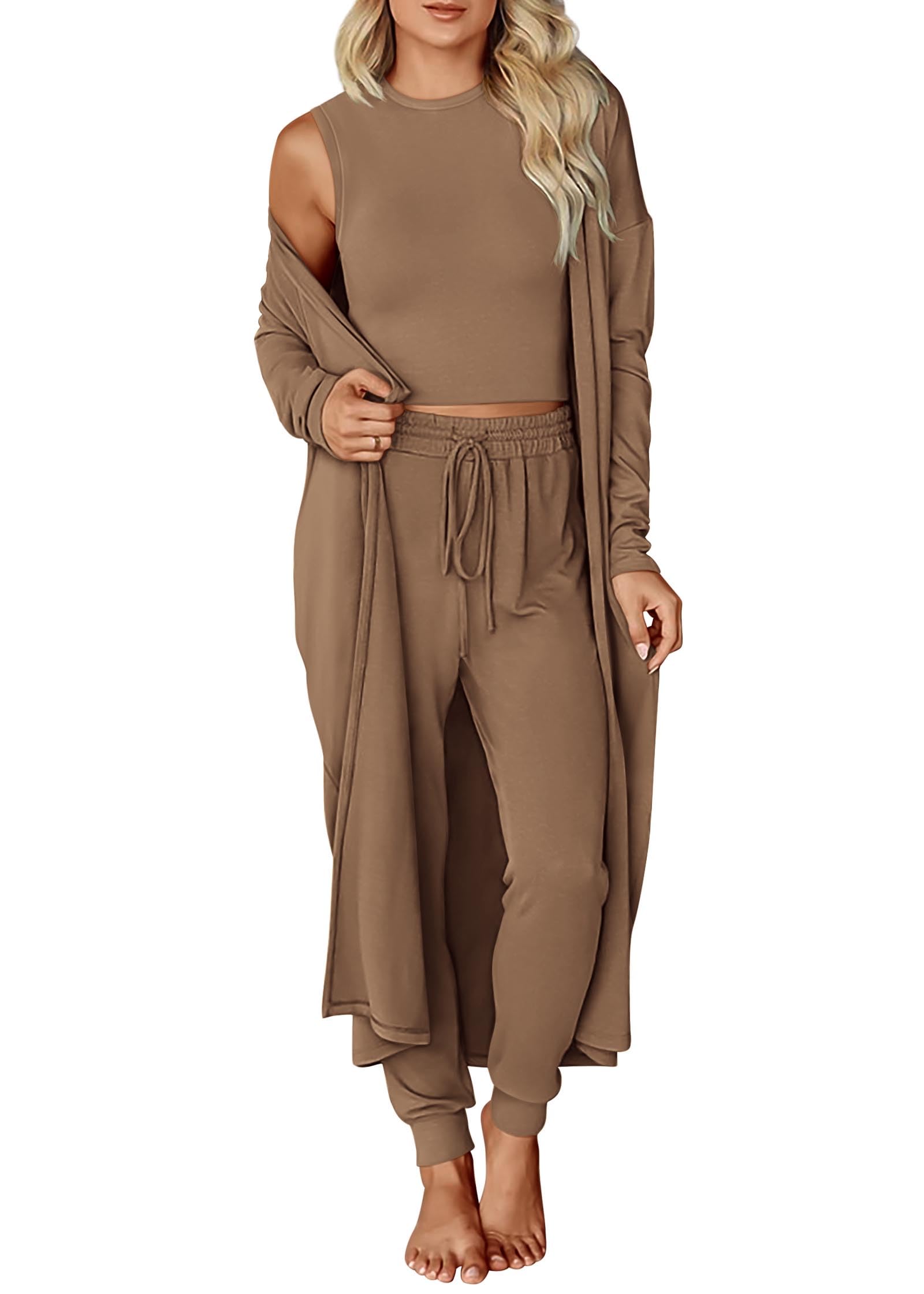 Photo 1 of *** PARTIAL SET ** KIRUNDO 3 Piece Lounge Sets for Women Airplane Travel Outfits 2025 Fall Cardigan Sleeveless Top Pants Sets Matching Clothing(Khaki, Small)