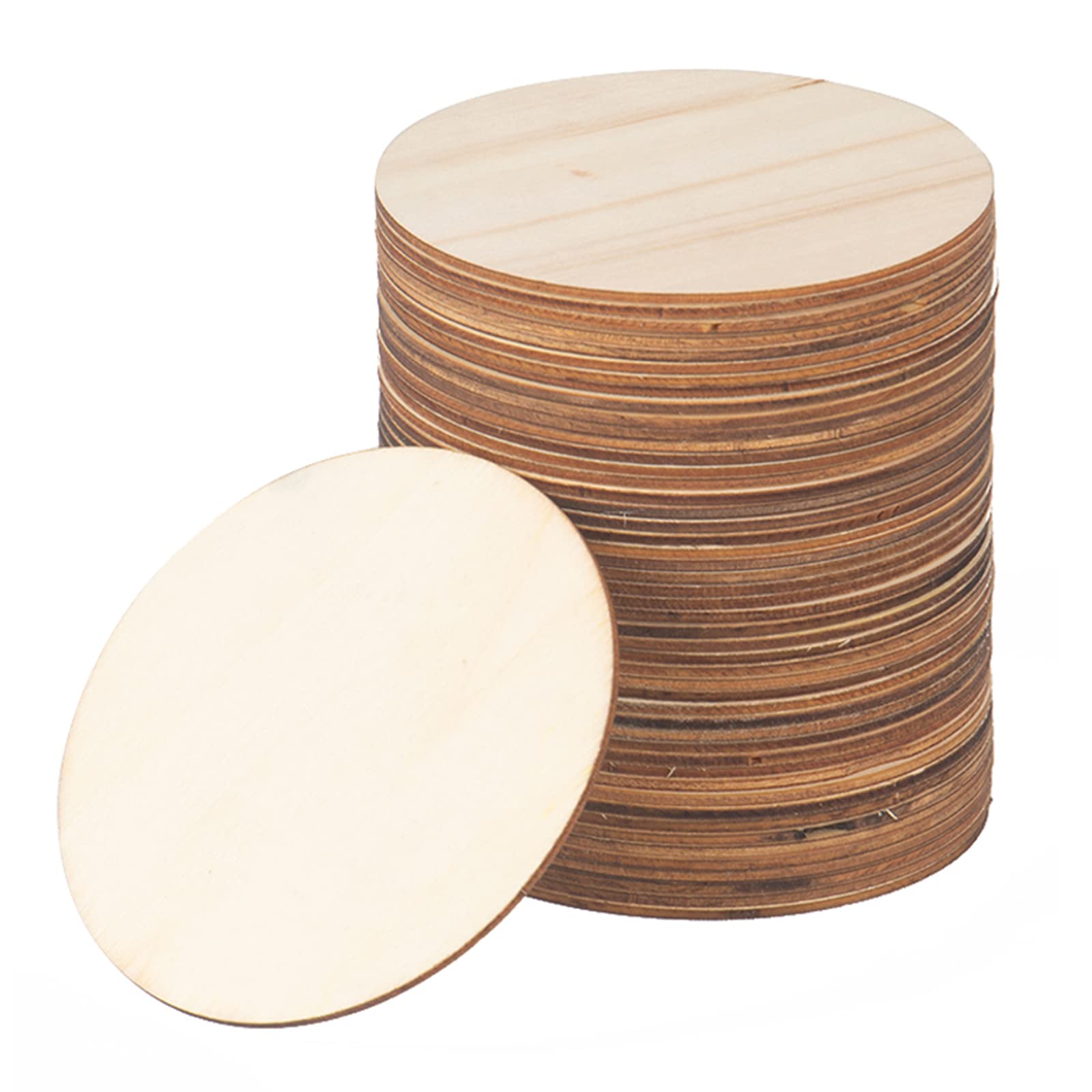 50 Pcs Unfinished Wood Pieces, 10x10cm Round Shape Blank Wood Natural Slices Wooden Circle Cutouts Coaster for Crafts, Painting, Coasters, Pyrography Art, Staining Burning, Christmas Decoration DIY
