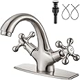Aolemi Bathroom Sink Faucet Single Hole Cold and Hot Double Handle Cross Knobs Vanity Vessel Sink Basin Mixer Tap with Deck Cover Plate with Pop Up Drain Brushed Nickel