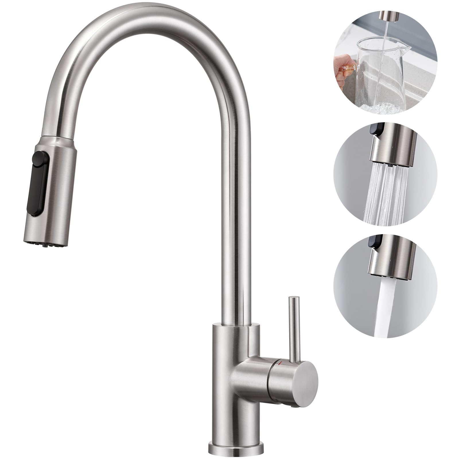 CREA 3 Way Water Filter Tap with Pull Out Sprayer, 360° Swivel Single Handle Triflow Kitchen Tap, Stainless Steel