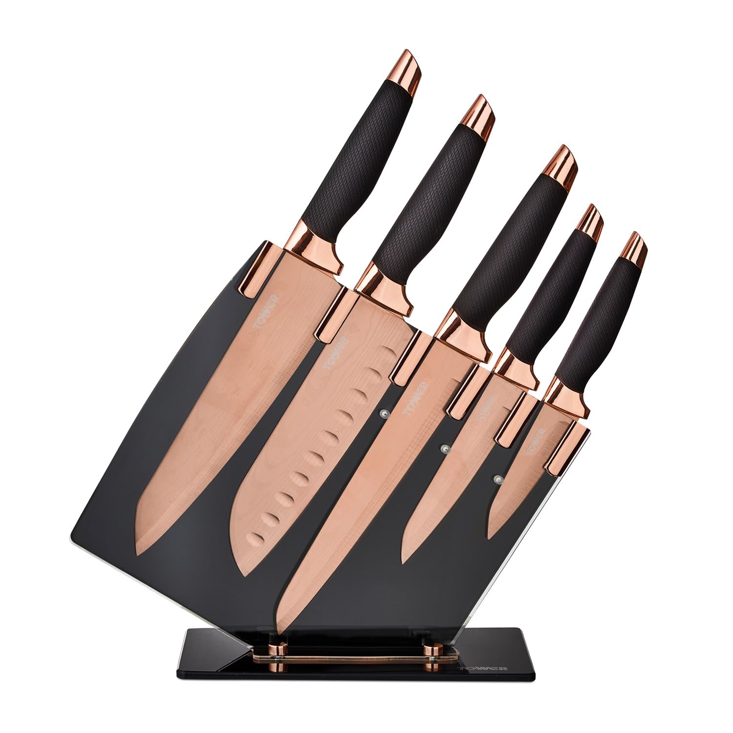 Tower Kitchen Knife Set with Acrylic Knife Block, Damascus Effect, Stainless Steel Blades, Rose Gold and Black, 5 Pieces