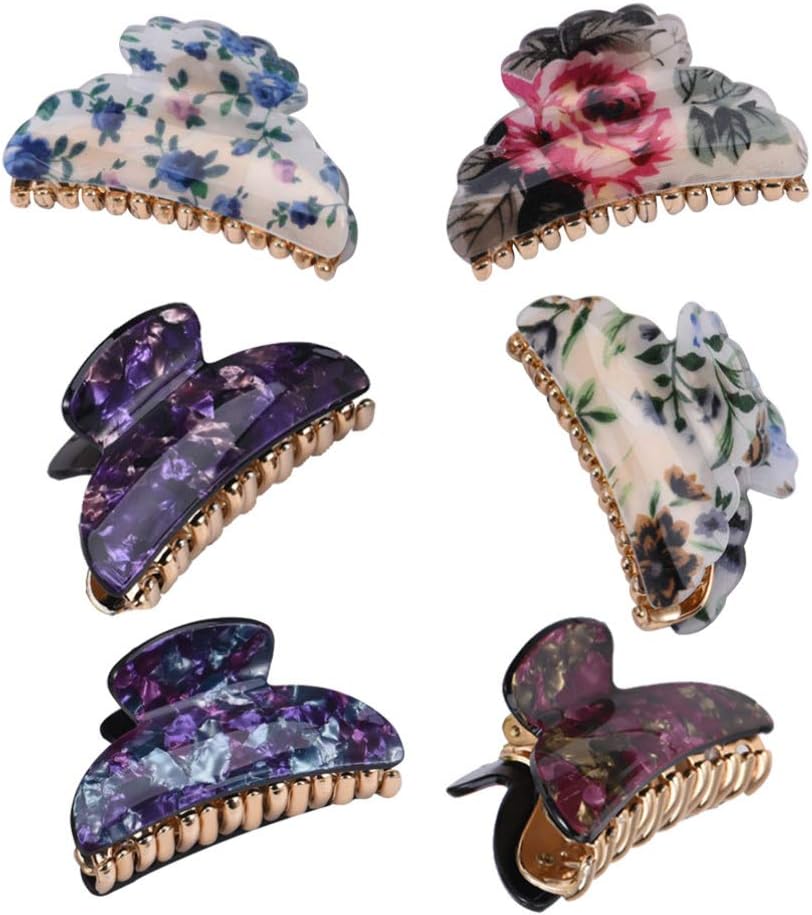 Lurrose Floral Acrylic Hair Claw Clips - Pack of 6 Antique Jaw Claw Accessories for Women and Girls, Multi, 6 count (Pack of 1)