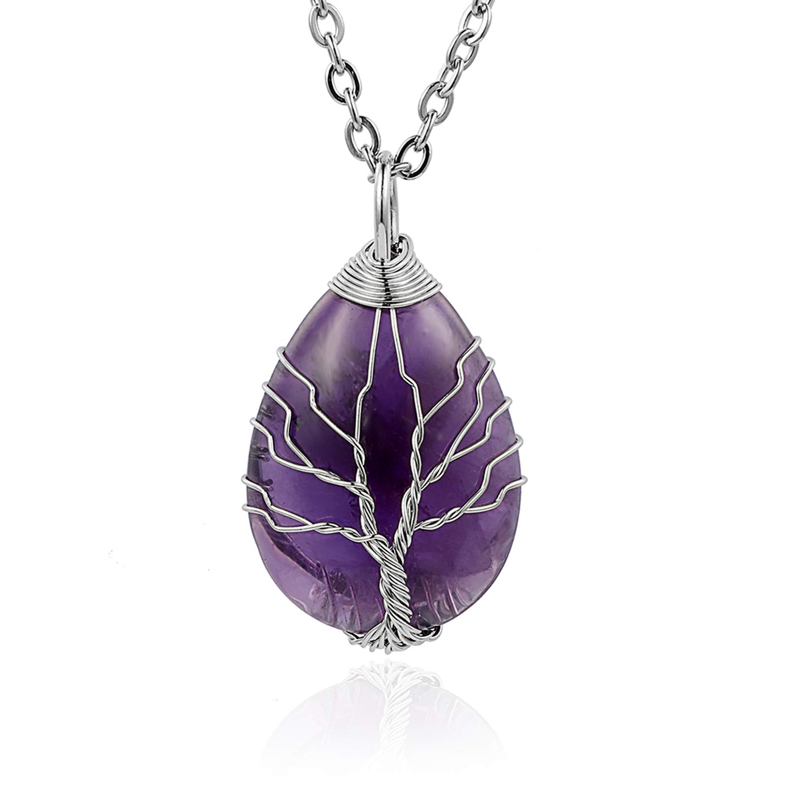 Natural Amethyst Teardrop Pendant Necklace Vintage Silver Wire Wrapped Family Tree Life Pedant gift for mother wife girls