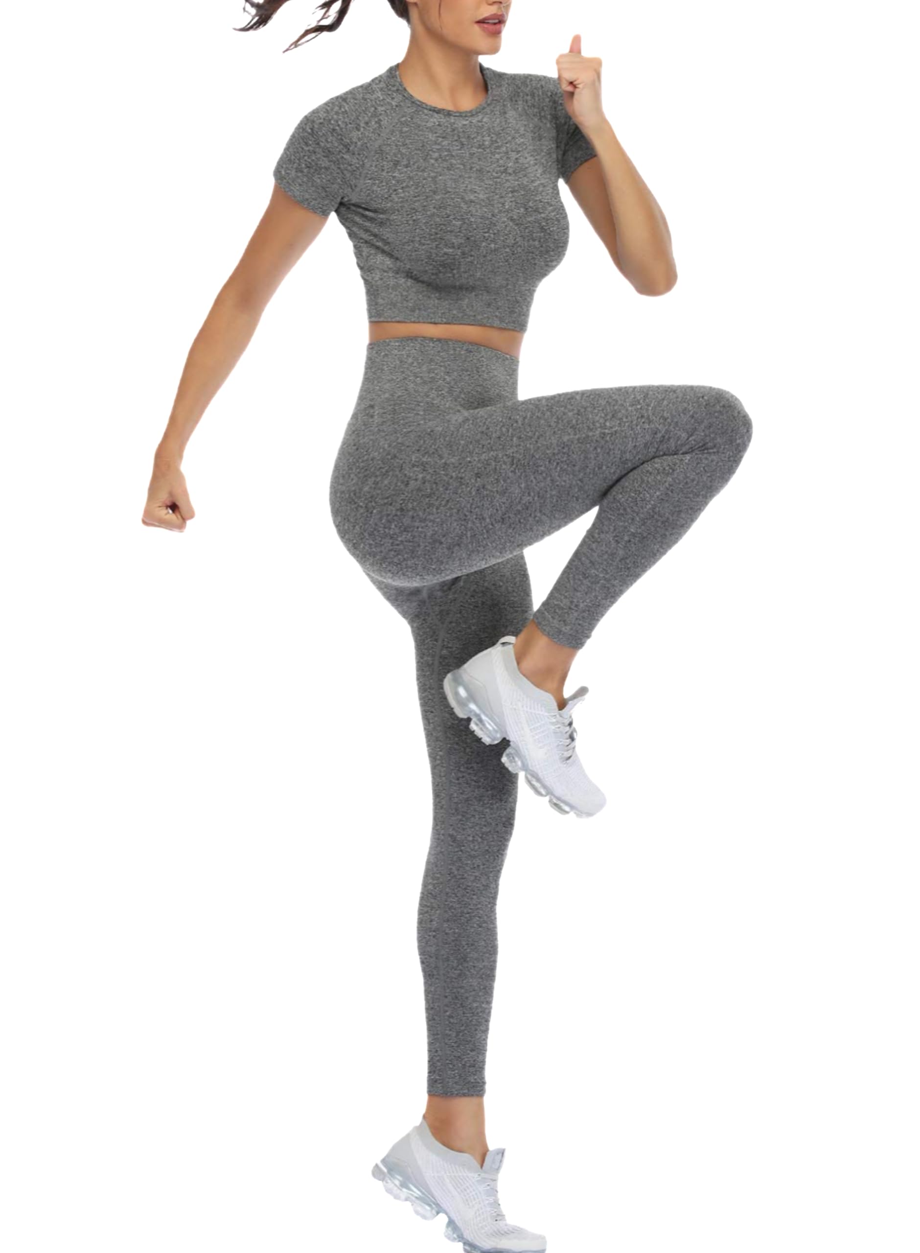Photo 1 of *** SHORTS ONLY ****2 Piece Short Sleeve Outfits for Women Seamless Crop Tops Set for Women Workout Set(8005M-Grey)