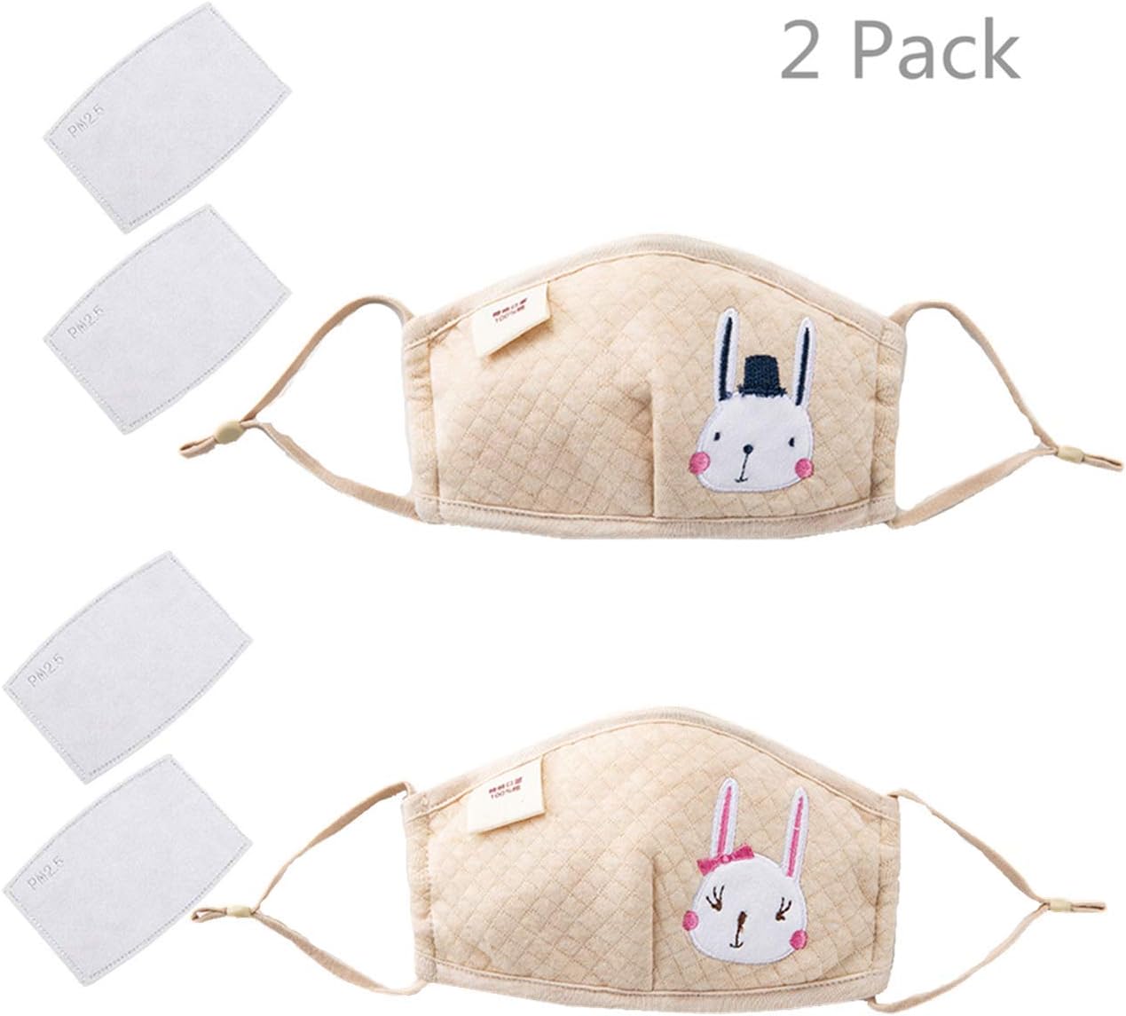 2 Pcs Kids Cotton Face Cover Washable Reusable Boys Girls Cartoon Amimal Adjustable Face Cover with 4 Air Replaceable Filter Sheet-combination 1