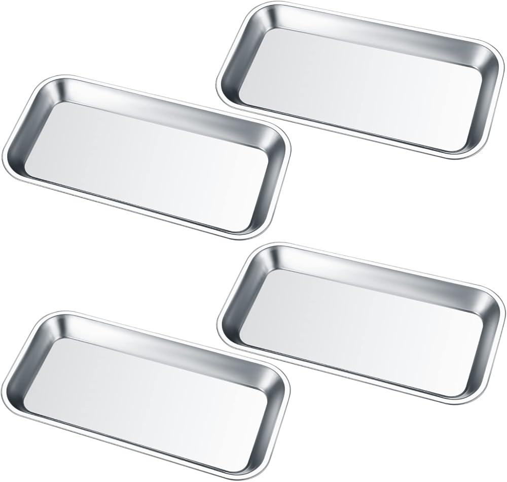ZHENGYYUU Rectangular Instrument Tray 4 Pcs Stainless Steel Lab Tray