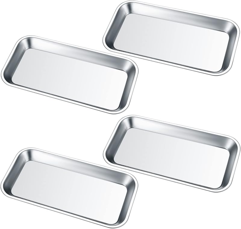 ZHENGYYUU Rectangular Instrument Tray 4 Pcs Stainless Steel Lab Tray