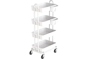 SimpleHouseware 4-Tier Rolling Utility Cart with Hanging Buckets, White