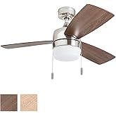 Honeywell Ceiling Fans Barcadero Modern 44 Inch Ceiling Fan with Light, Pull Chain LED Indoor Fan with 3 Blades, Maple and Br