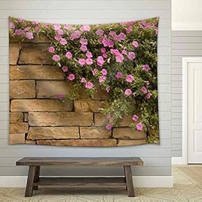 a Spread of Purple Flowers on a Rock Wall - Fabric Wall Tapestry Home Decor - 51x60 inches