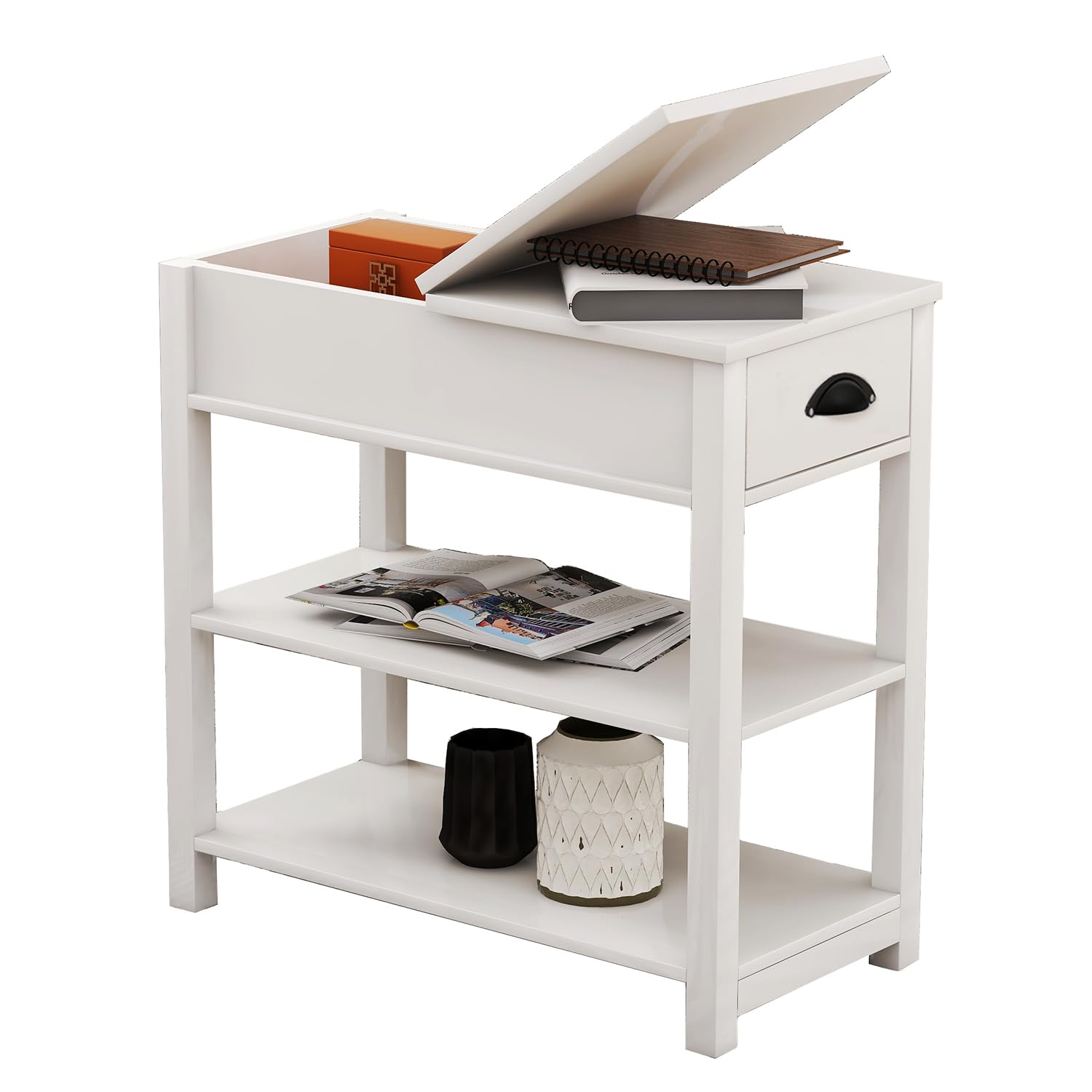 Photo 1 of Narrow Flip Top End Table - LifeSky Slim End Table with Drawer - End Tables with Storage for Small Spaces Living Room White