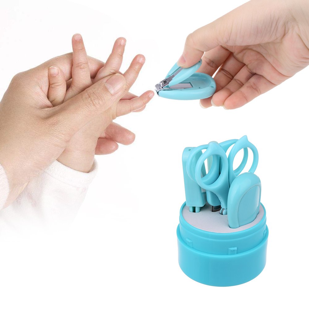 5 PCS Baby Grooming Kit Newborn Manicure Set Include 2 Safety Scissors,Nail Clipper,Nail File,Tweezers with 1 PC Free Bunny Ear Case Perfect for Shower Gift (Blue)