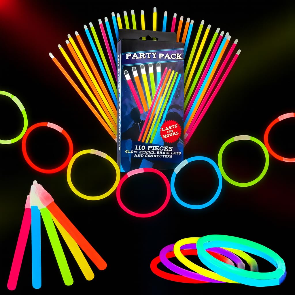 HiFEN® 110-Piece Glow Stick Bulk Party Pack Neon Light Up Necklaces & Bracelets for Kids & Adults - Bright LED Toy for Christmas, Birthday Favors, Concerts, and Festivals
