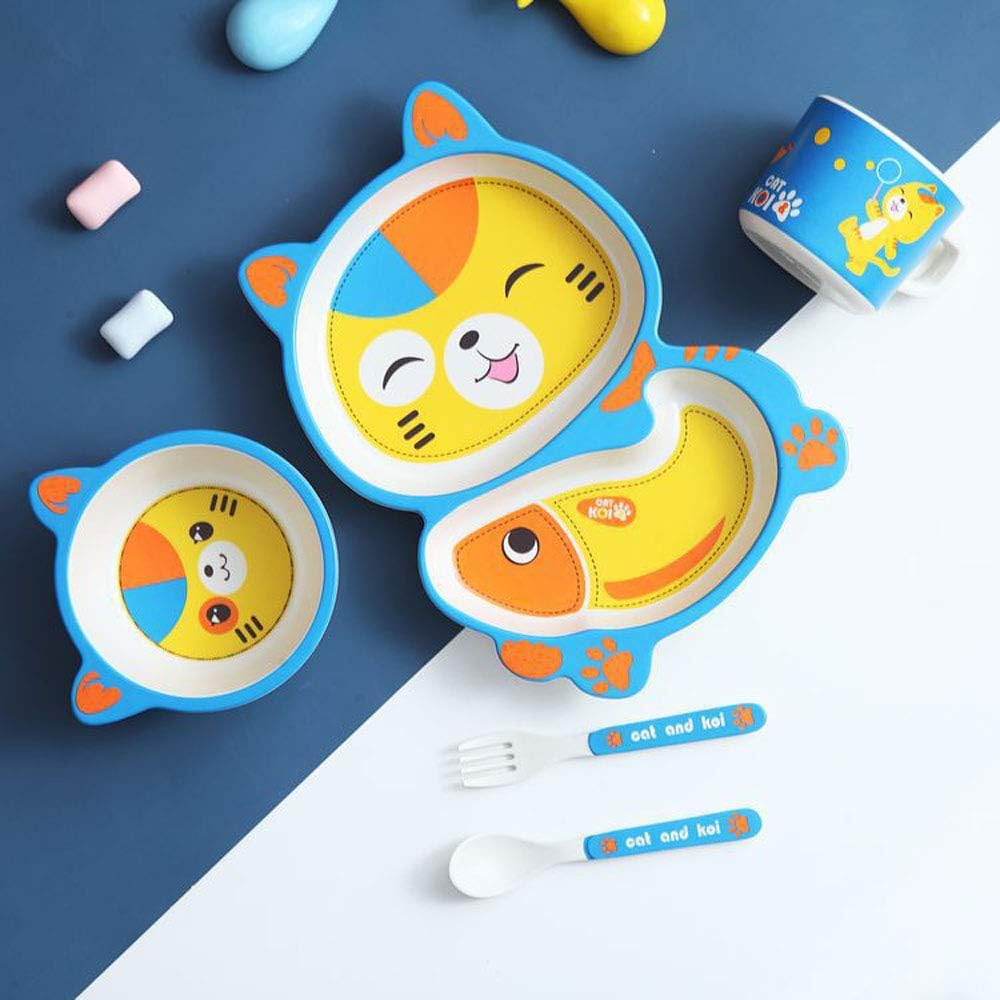 Cartoon Animal Division Dinner Plate Tableware Sets Unbreakable 5pcs Set Plates Bowl Cup Spoon Fork Dinnerware Solid Feeding Utensils for Toddler Baby Kids (Cat)
