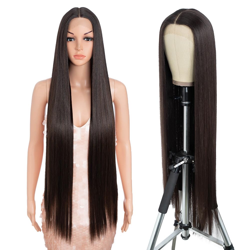 Style Icon Super Long Straight Lace Front Wig for Women 38 Inch Dark Brown Long Straight Hair T Part Wig Pre Plucked with Baby Hair Synthetic Heat Resistant Fiber (F5/6A)