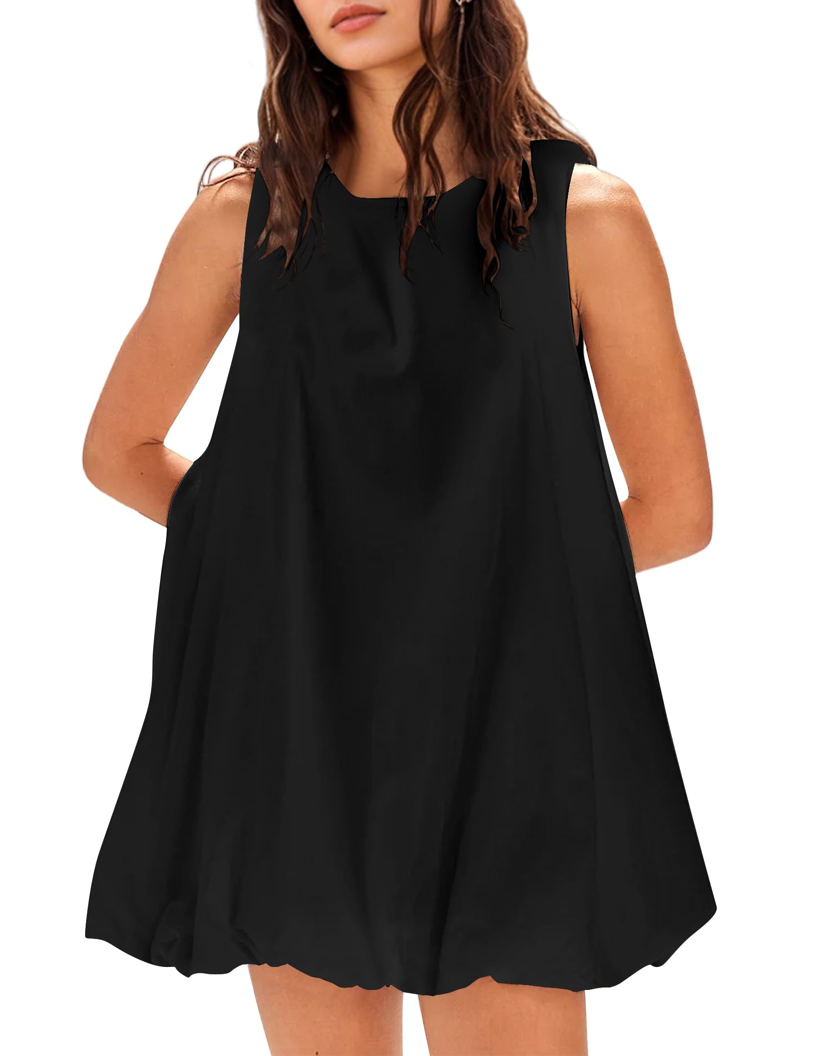 Photo 1 of MISSACTIVER Bubble Mini Dress for Women Summer Sleeveless Keyhole Tie Back Tank Short Dress Crew Neck Sundress with Pockets Black