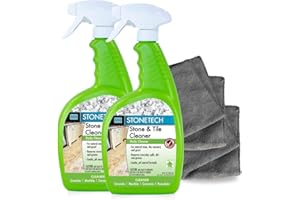 StoneTech Stone & Tile Cleaner Spray – Daily Cleaner for Granite, Marble, Ceramic, Porcelain & Stone – Removes Spills, Dirt & Grease – pH Neutral - 2-Pack, 24oz each + 2 Microfiber Cloths