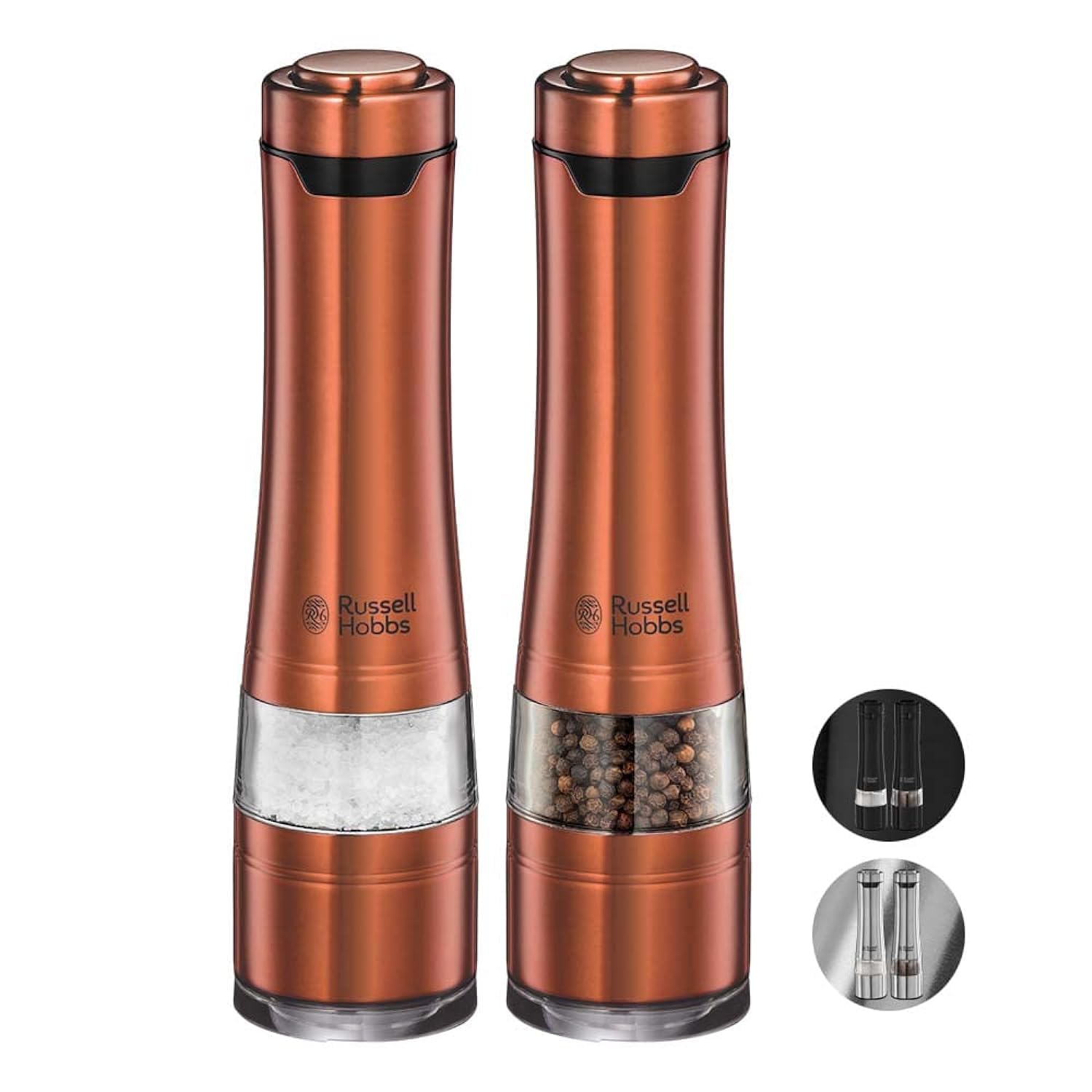 Russell Hobbs Salt and Pepper Mill Electric [Set of 2] Copper (Ceramic Grinder for Dried Spices & Herbs, Grinding Level Adjustable Fine to Coarse, LED Lighting) Spice Mills 28011-56