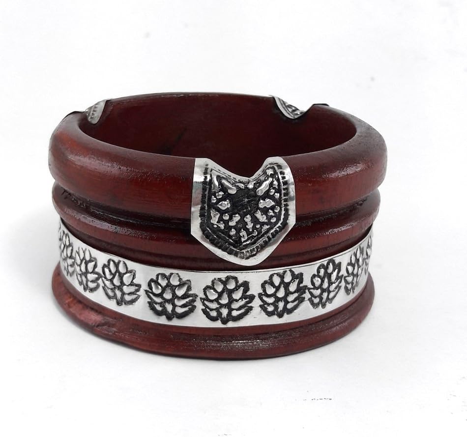 Ashtray Carved Handicraft Wooden and Silver Style LAOS Pattern