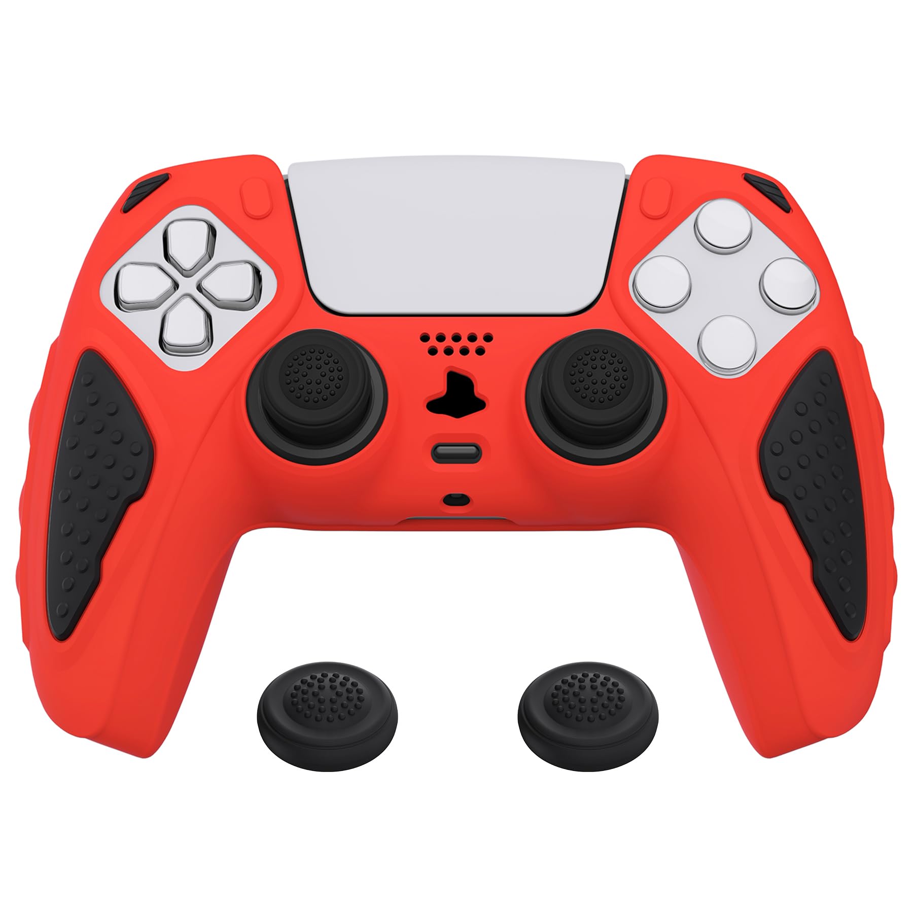 PlayVital Knight Edition Passion Red & Black Two Tone Anti-Slip Silicone Cover Skin for ps5 Controller, Soft Rubber Case for ps5 Wireless Controller with Thumb Grip Caps