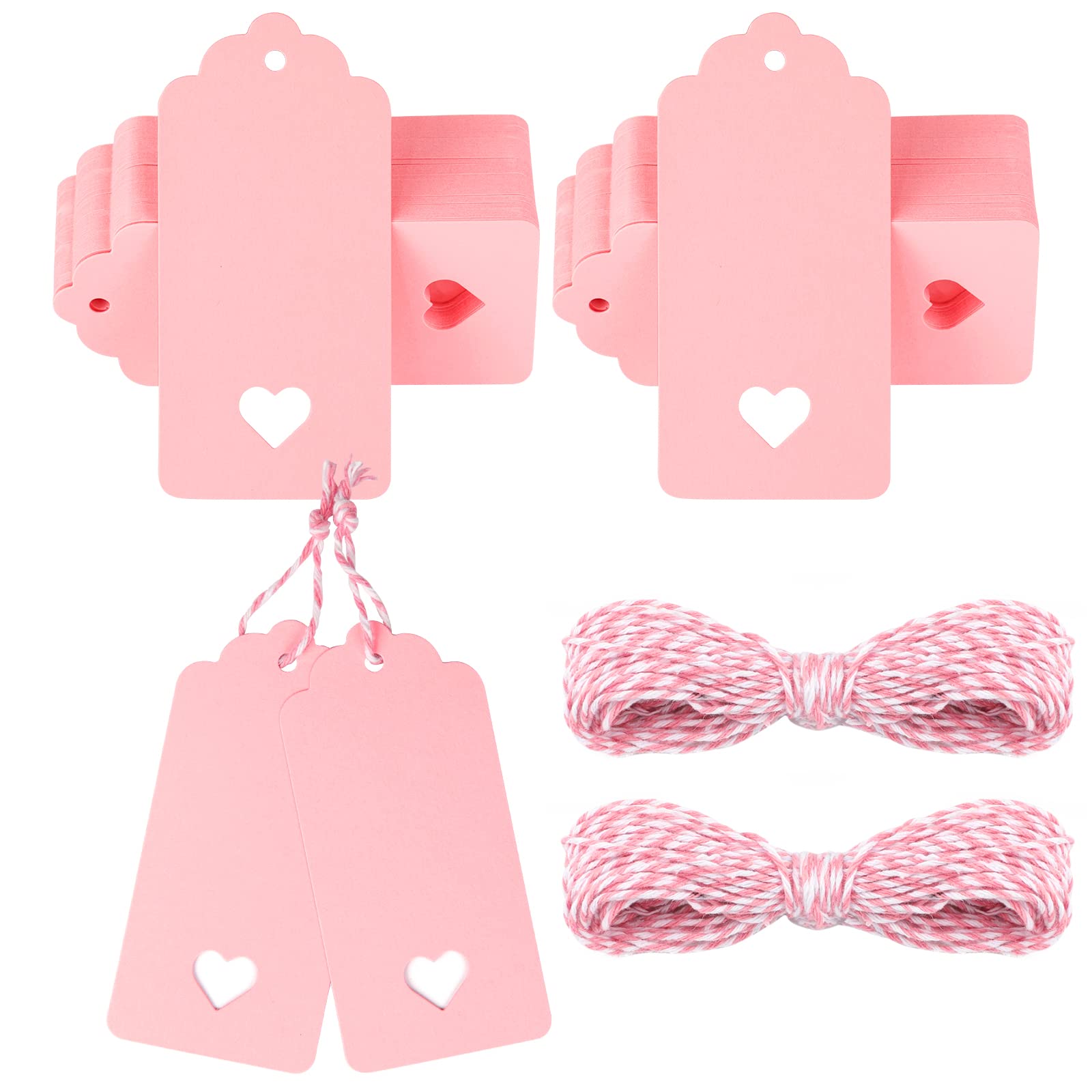 G2PLUS Pink Gift Tags with Heart, 100PCS Blank Paper Tags with String, 4.5cm x 9.5cm Large Gift Labels for Wedding Favors, Presents, 300g/m²
