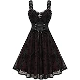 ROSE GAL Women Plus Size Gothic Cross Mesh Overlay Lace Panel Ruffles Midi Dress Vinatge Goth Dress