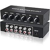 FlyroadUp 2 In 4 Out RCA Audio Splitter Stereo Line Level Distributor Mixer | L/R Analog Audio Splitter with +15db Gain, Independent Volume Control for Speaker, Subwoofer, Amplifier
