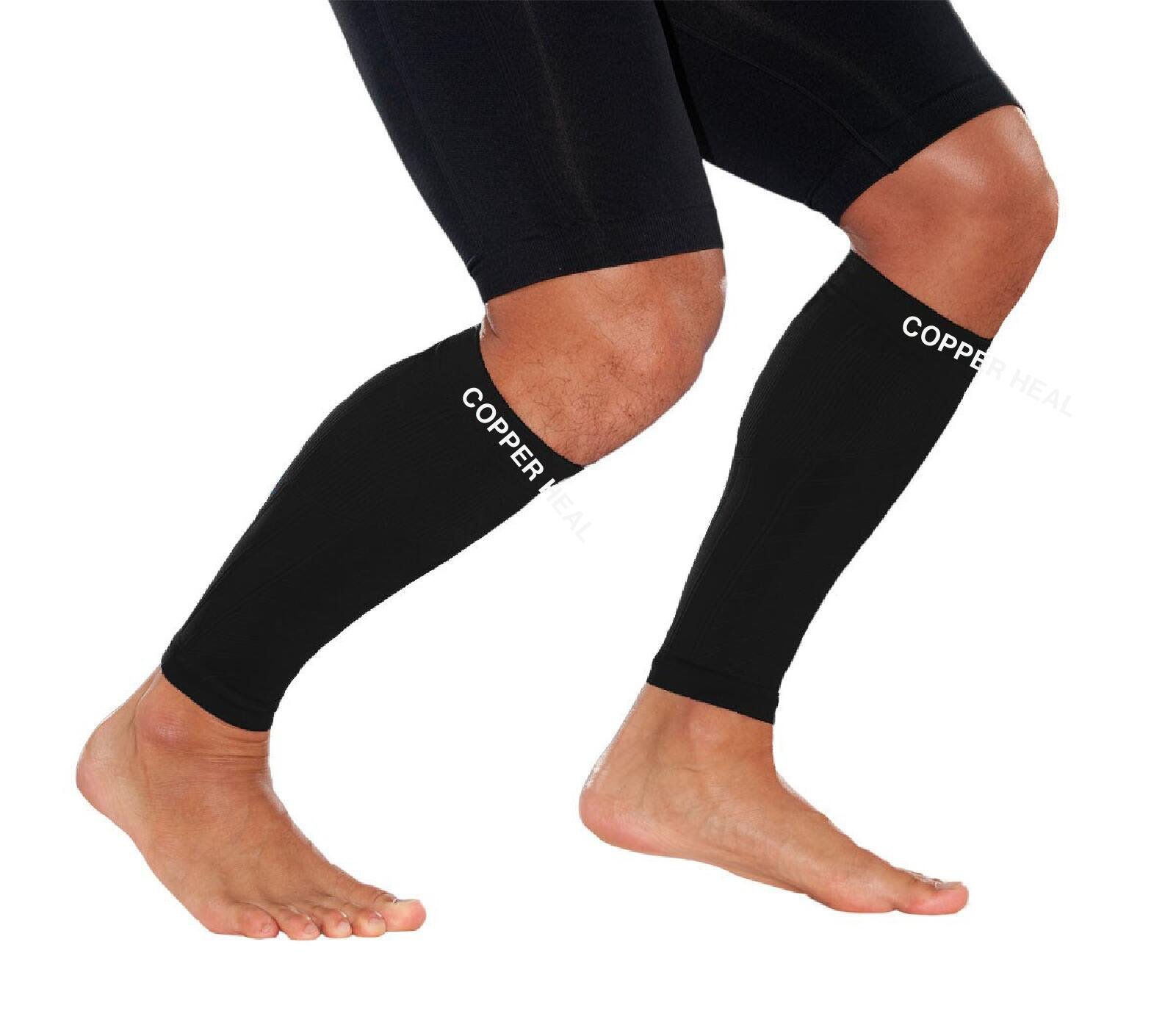 COPPER HEAL Calf Copper Compression Sleeves (Pair) Sport Muscle Strains Shin Splints Leg Socks Guard Running Marathon Soccer Rugby Tennis Golf Maternity Flight Gym Work