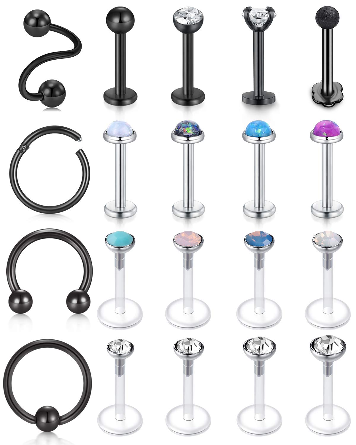AceFun 16g 20pcs Lip Rings Stainless Steel Horseshoe Labret Monroe Lip Rings Nail Tragus Helix Earrings Studs Ring Medusa Piercing Jewelry 8mm