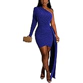 HugeNice Women's Elegant One Shoulder Mini Dresses Long Sleeve Wrap Sparkly Club Party Evening Dress