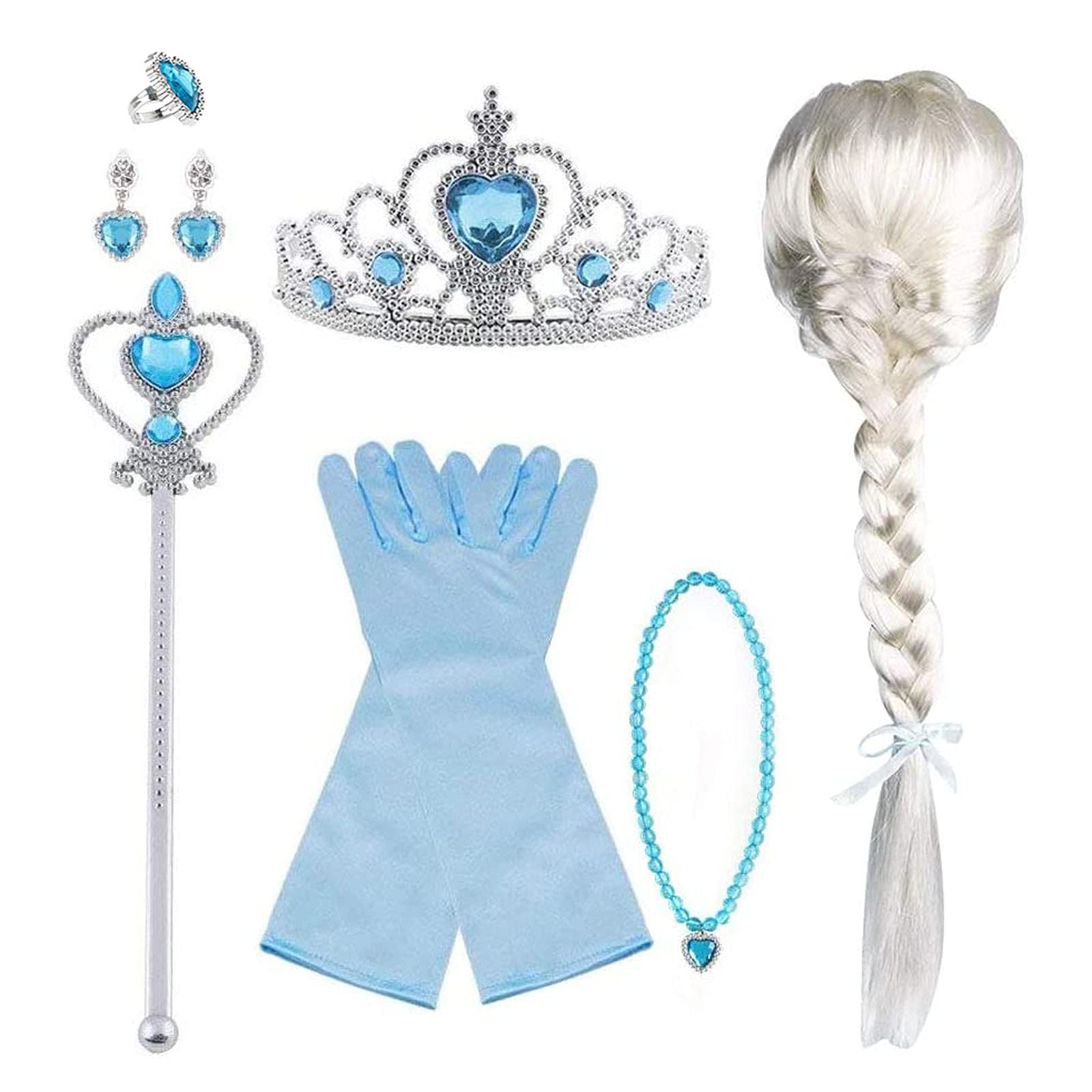 Vicloon Elsa Dress Up Accessories Set, 8 Pcs Princess Costumes Set From Tiara, Gloves, Magic Wand, Upgrade Princess Braid with Hoop, Necklace, Earring for 3-9 Years