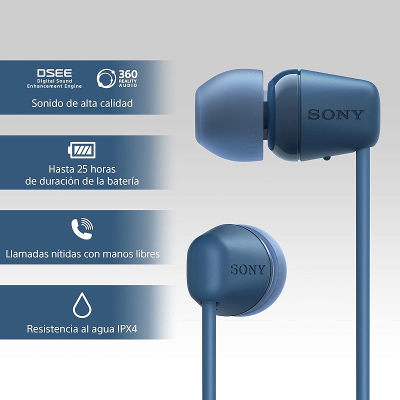 Auscultadores sem fios WI-C100 - até 25 horas de autonomia, microfone incorporado para chamadas telefónicas, compatíveis com assistentes de voz, conectividade Bluetooth, azul