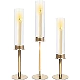 Gold Hurricane Candle Holders, Glass Fluted Candle Holder Set of 3, Taper Tall Clear Cylinder Candlestick Holder Decor for Table Centerpiece Wedding Valentine Party Birthday Home