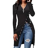 CaniBtr Women's Sexy Side Split Ribbed Long Sleeve Tops Zip Up V Neck Asymmetrical Hem Longline Tunic Blouses Tops