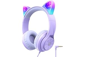 iClever Kids Headphones with Cat Ear Led Light Up, Safe Volume Limite Kids Wired Headphones, FunShare Foldable Over-Ear Headp