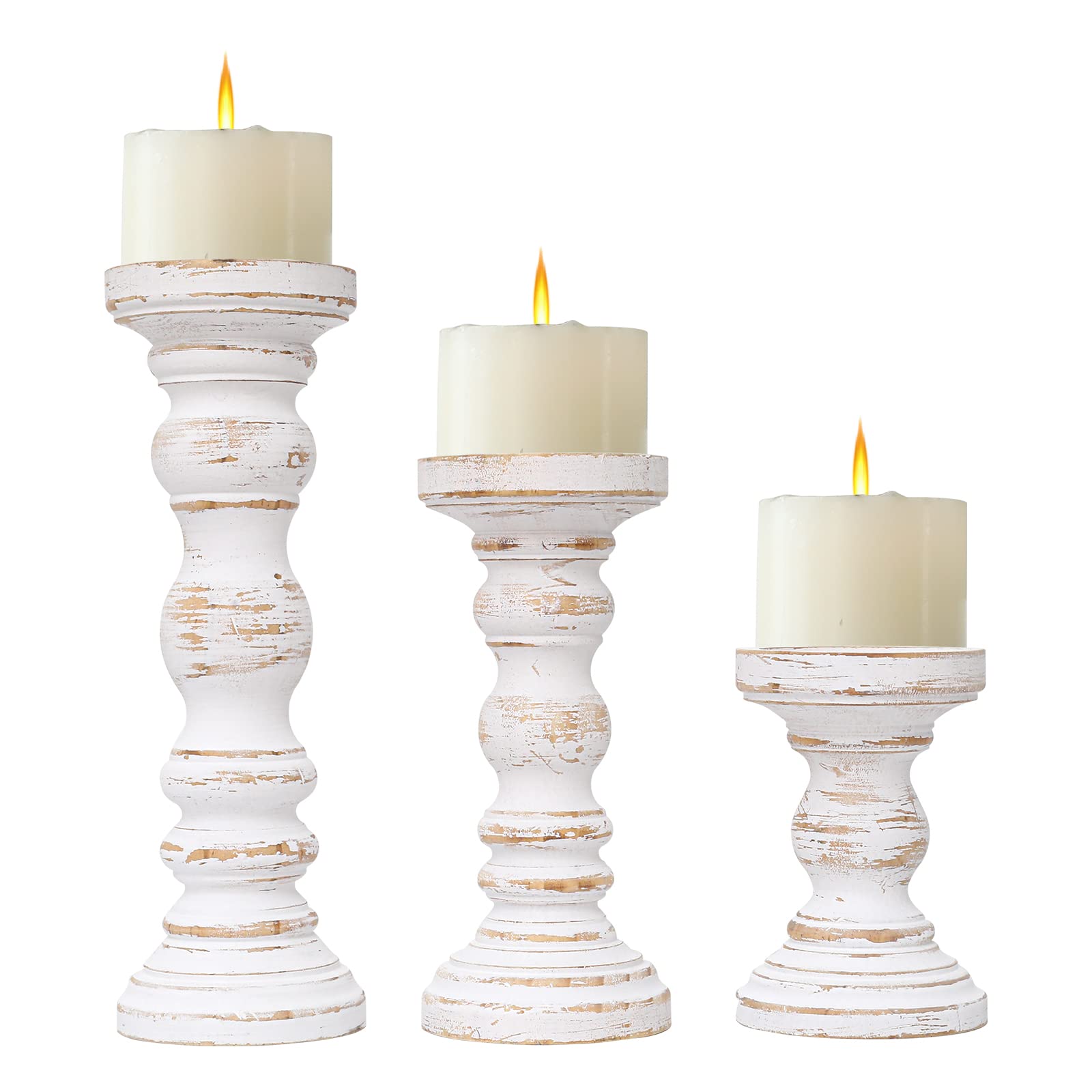 SwallowLiving Rustic Farmhouse Wood Pillar Candle Holder Set of 3 for ...
