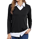 Vldnery Womens Fall Winter Sweater 2025 Trendy Clothes Oversized V Neck Long Sleeve Shirts 2 in 1 Outfit Casual Pullover Tops