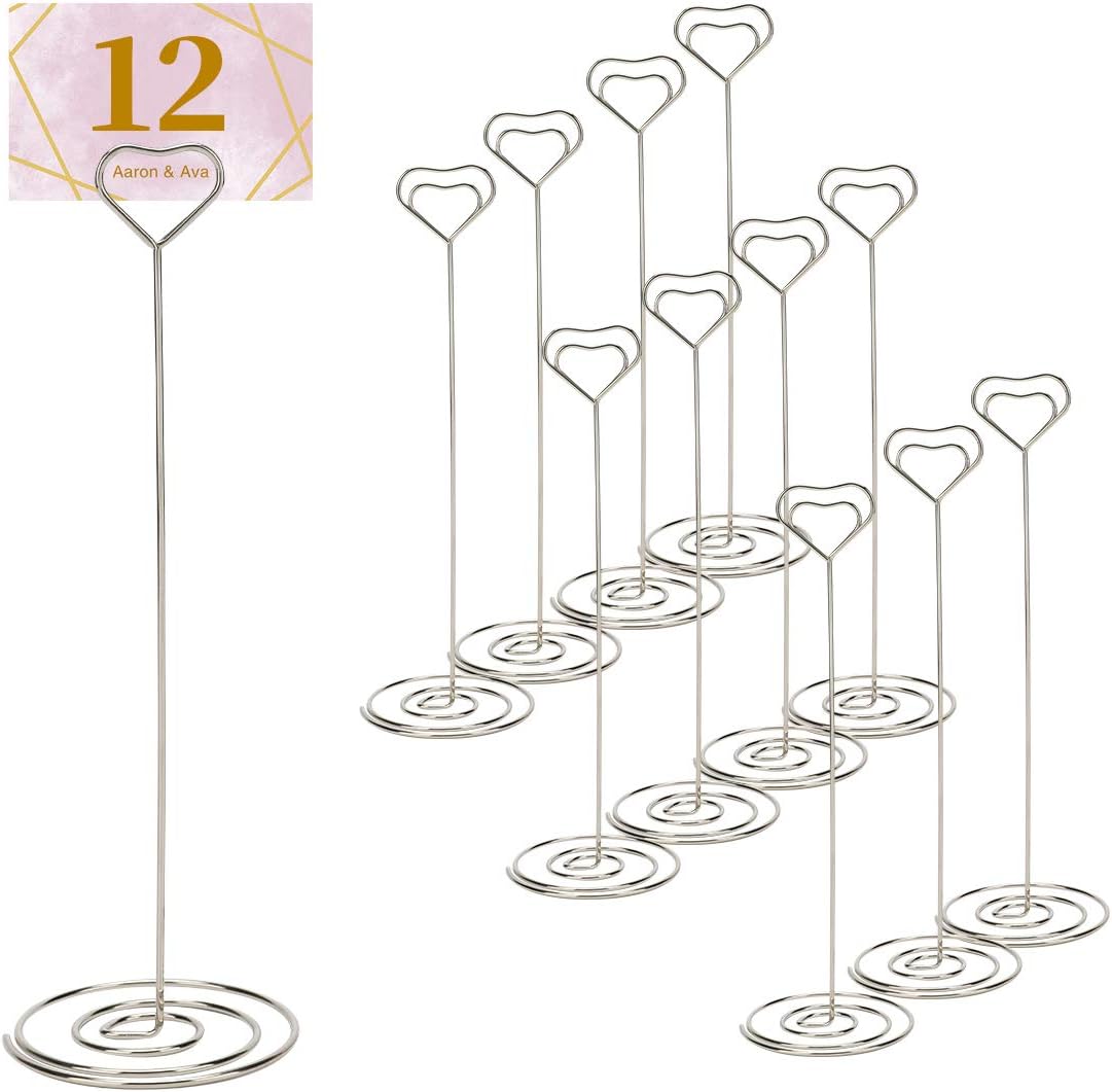 DerBlue 24pcs 8.75 inch Tall Table Number Holders Place Card Holder Table Picture Holder Stand to Hold Photo Numbers for Wedding Party Restaurant Menu Banquet（Heart-Shaped,Silver）