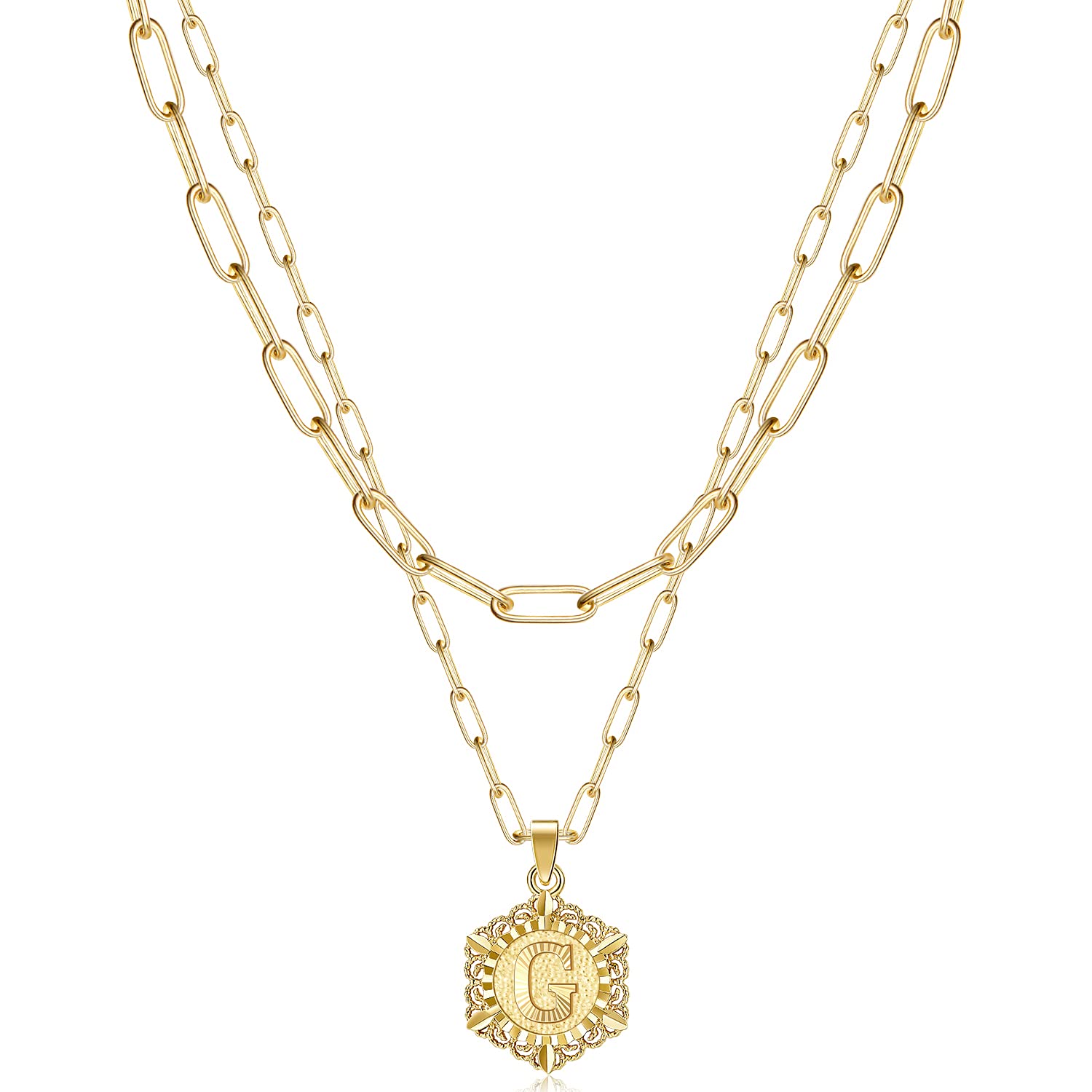 KissYan Initial Necklaces for Women, 14K Gold Plated Hexagon Letter Pendant Silver Chain Dainty Layered White Gold Paperclip Link Adjustable Capital A-Z Choker Necklace Trendy Jewelry Gifts