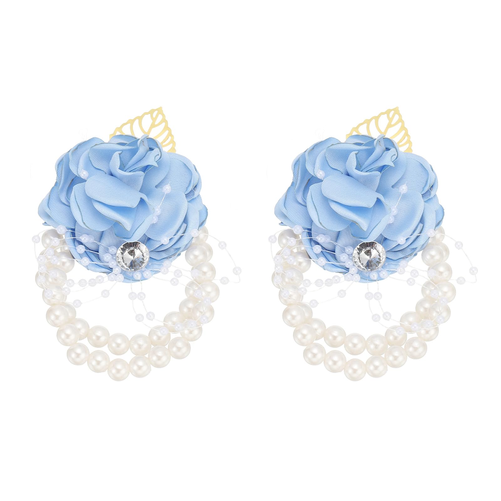 PATIKIL Rose Bridesmaid Wrist Flower, 2 Pack Artificial Rose Flower Wrist Corsage Bride Wrist Corsage for Wedding Party Ceremony, Light Blue