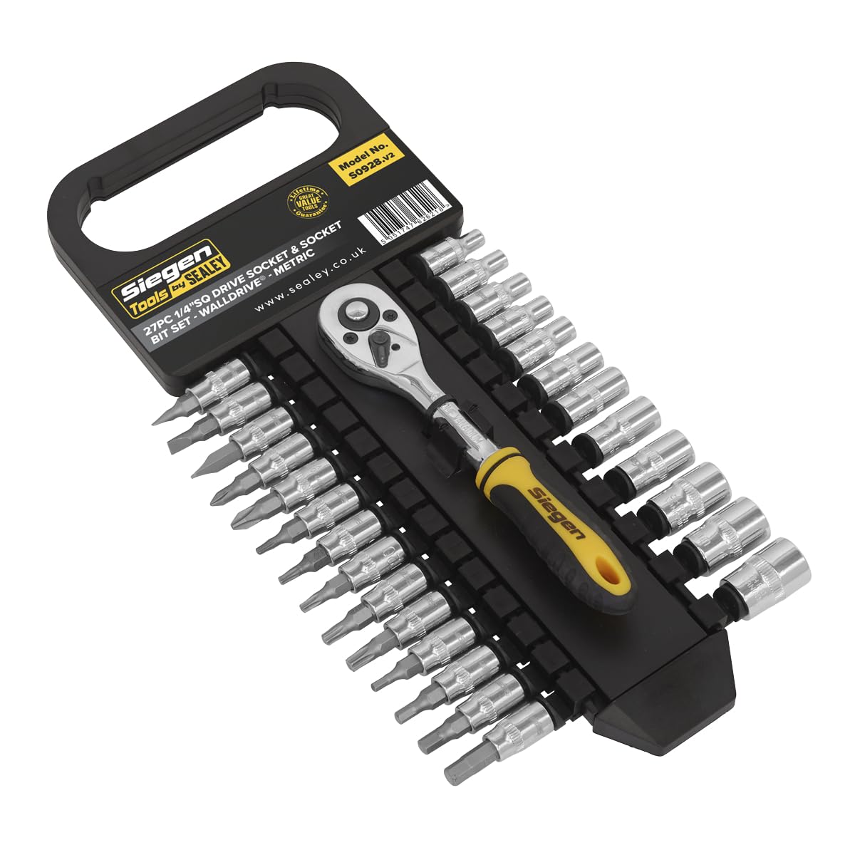 Sealey S0928 6PT Walldrive Metric Socket and Socket Bit Set, 1/4" Square Drive, Silver, 27 Pieces