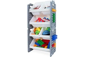 UNiPLAY Toy Organizer with 6 Removable Storage Bins, Multi-Bin Organizer for Books, Building Blocks, School Materials, Toys with Baseplate Board Frame (Gray)