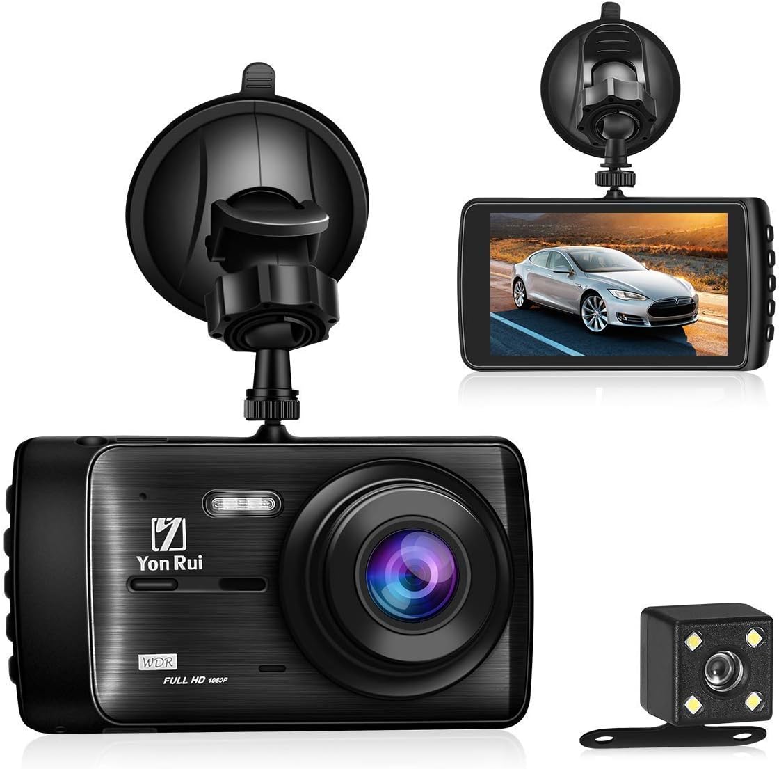 Dash Cam Dash Cameras Car Camera, YonRui Front and Rear Dashboard Camera 4inch FHD 1080P 170°Wide Angle Recorder, Motion Sensor, G-Sensor, Night Vision, Parking Monitor, Loop Recording