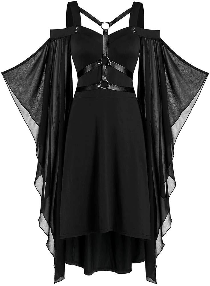 Gothic Lolita Dresses,Flare Sleeve Lace Patchwork Little Black Dress Plus Size Cool Solid Criss Cross Butterfly