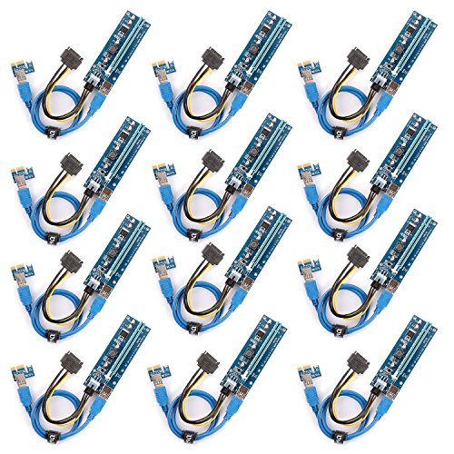 Ubit PCI-E Riser,Powered Riser Adapter Card,PCIE VER 006C 6 PIN 16x to 1x, 6-Pin PCI-E to SATA Power Cable,for Bitcoin\Litecoin\ETH coin - GPU Riser Adapter - Ethereum Mining ETH(12 Pack)