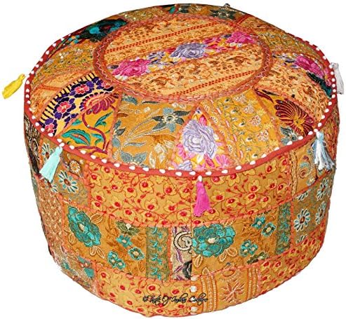 22" Brown Decorative Round Ottoman Pouf Stool Chair Pouffe Handmade Indian Decor