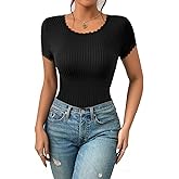 UOOZEE Women's Lace Trim Basic Tees Soft Ribbed Knit Fitted T Shirts 2025 Short Sleeve Summer Tops