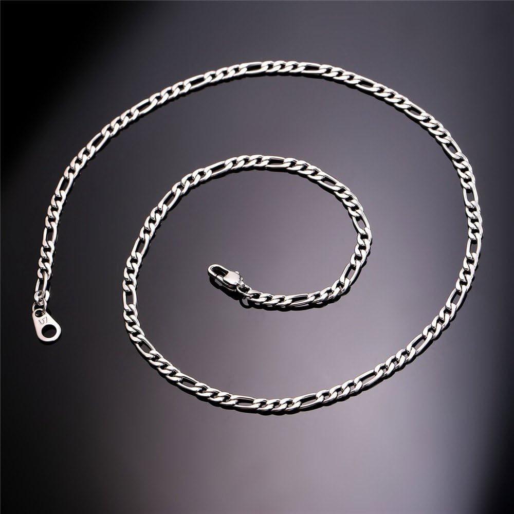 U7 Boys Necklace Preminum Fashion Jewelry Stainless Steel 3mm Wide Figaro Chain for Pendant, 18" | 