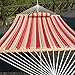 Prime Garden Quilted Fabric Double Hammock with Pillow, Heavy Duty Hardwood Spreader Bar, Hammocks for Outside, 450-pound Capacity, Hamacas Para Adultos for Patio/Garden/Yard/Pool/Beach, Cherry Stripe